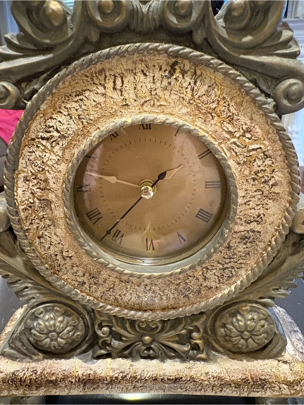 Vintage baroque style mantel clock, aged gold or brass finished Resin frame.